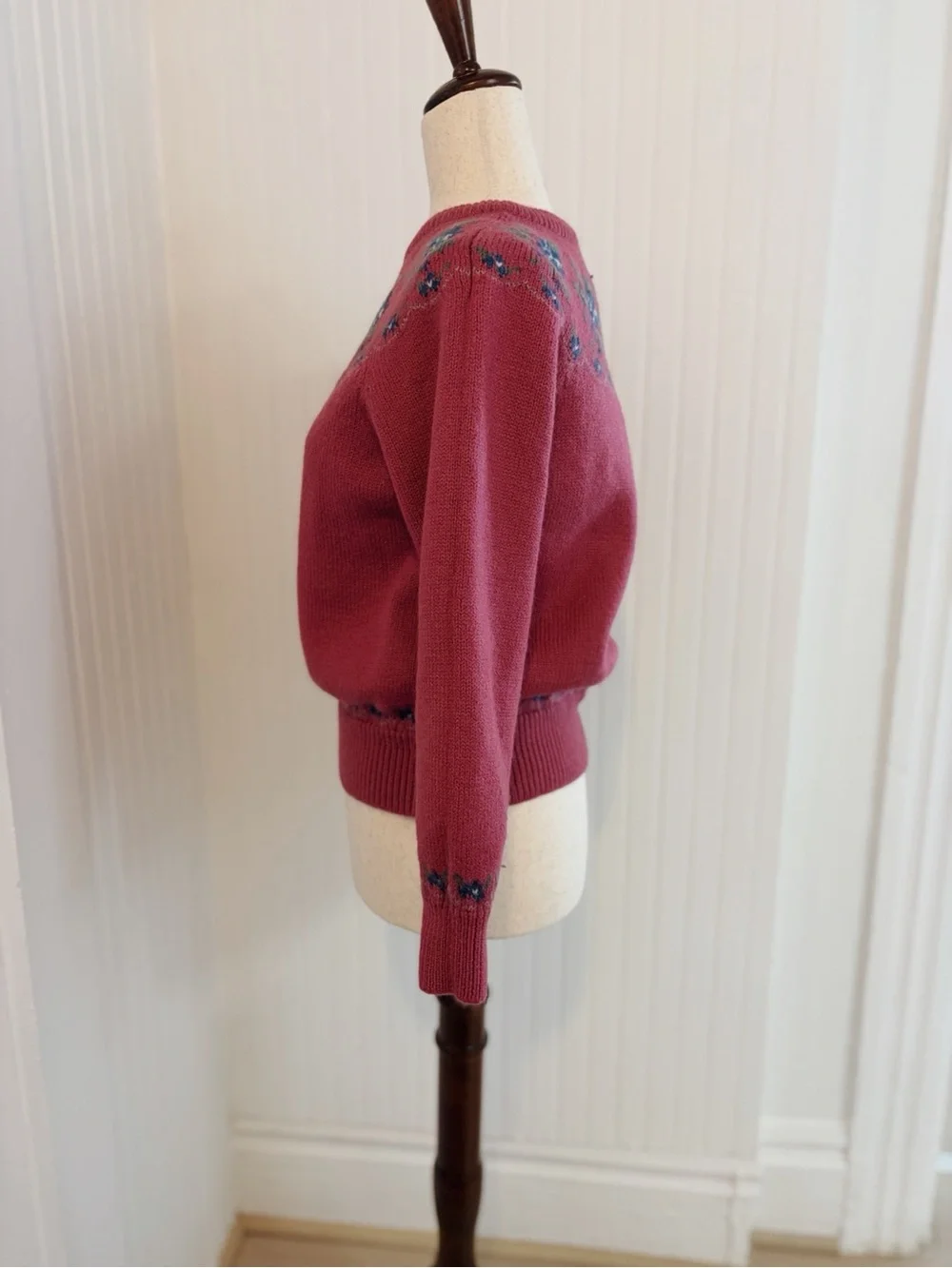 Charter Club Pink Crewneck Sweater with Blue & Green Floral Yoke